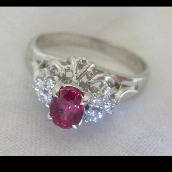 Platinum Natural Ruby Diamond Halo Ring - Picture 9 of 9